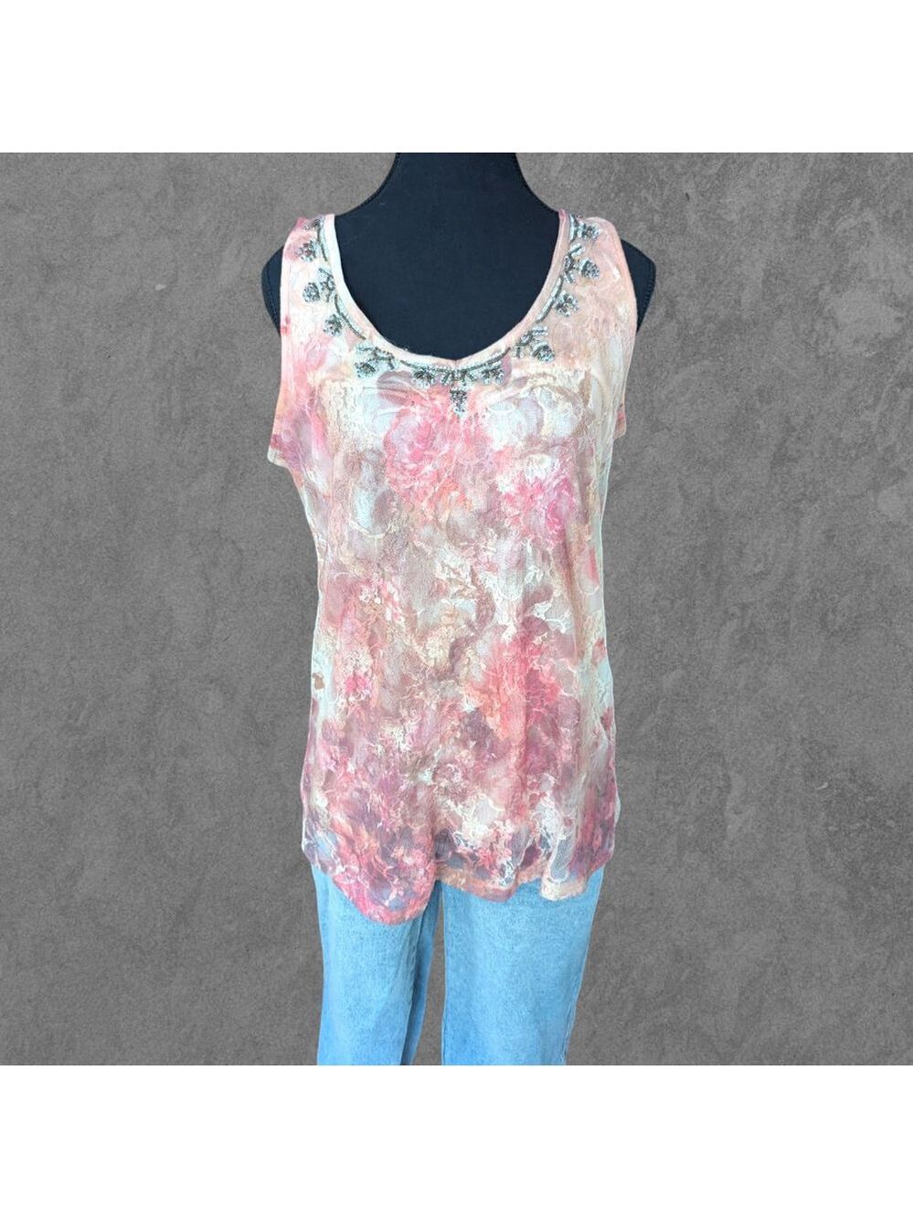 Vintage Dressbarn Y2K Beaded Pink & Beige Floral Lace Tank L